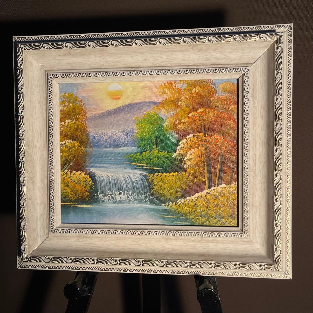 手書き油絵 山河と朝日 額付 絵画 インテリア 油彩画