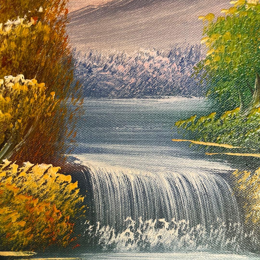 手書き油絵 山河と朝日 額付 絵画 インテリア 油彩画