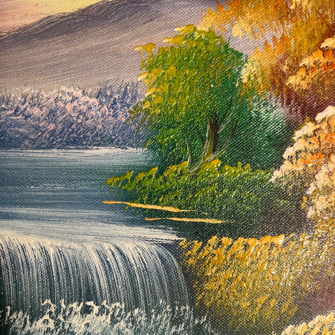 手書き油絵 山河と朝日 額付 絵画 インテリア 油彩画