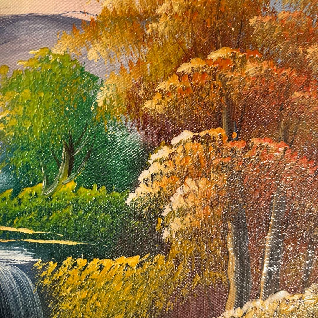 手書き油絵 山河と朝日 額付 絵画 インテリア 油彩画
