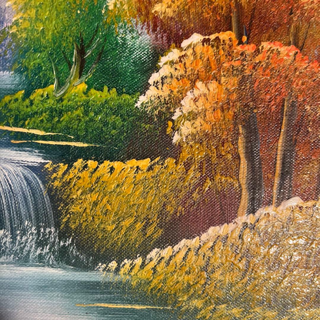手書き油絵 山河と朝日 額付 絵画 インテリア 油彩画
