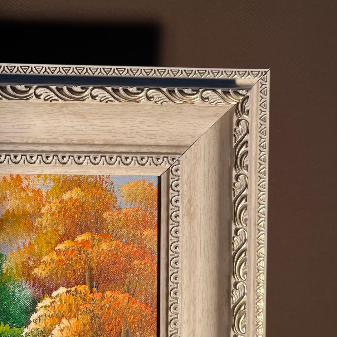 手書き油絵 山河と朝日 額付 絵画 インテリア 油彩画