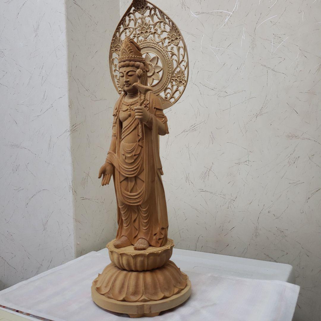 蔵出し特価　魔除け願いを叶える仏像★白木 聖観音菩薩像1尺立★訳あり