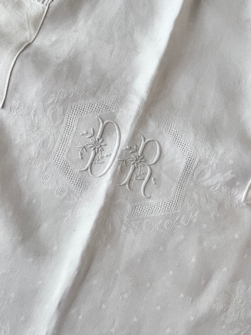 【美品】フランスアンティーク 手刺繍ダマスク フリル ホワイトエプロン