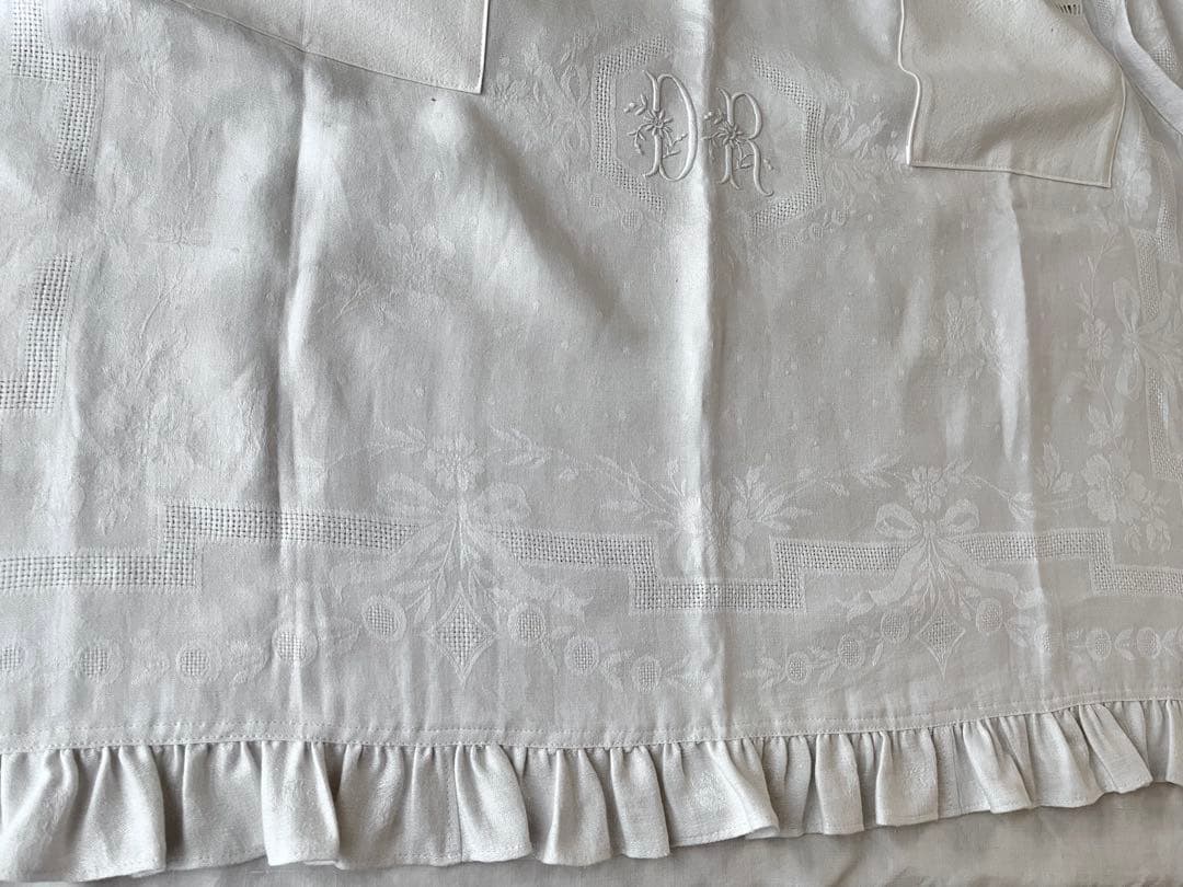 【美品】フランスアンティーク 手刺繍ダマスク フリル ホワイトエプロン