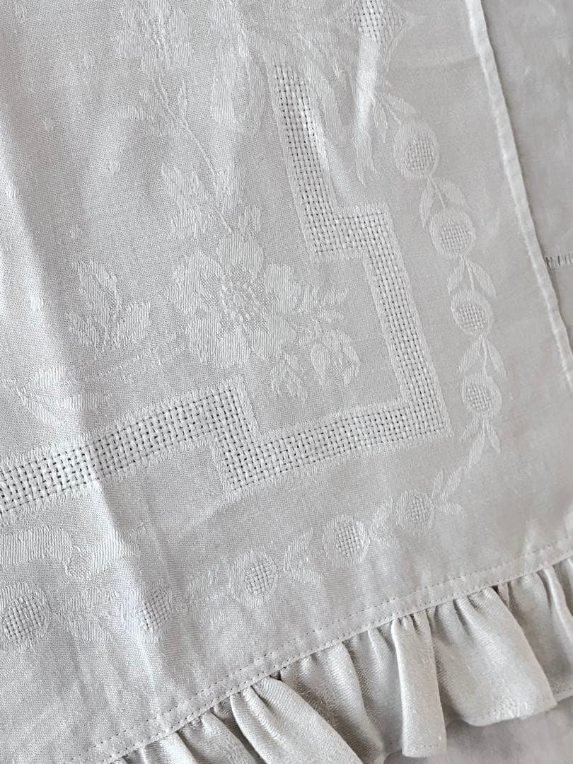 【美品】フランスアンティーク 手刺繍ダマスク フリル ホワイトエプロン