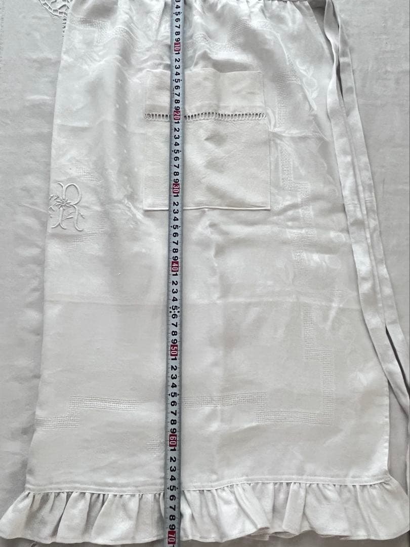 【美品】フランスアンティーク 手刺繍ダマスク フリル ホワイトエプロン