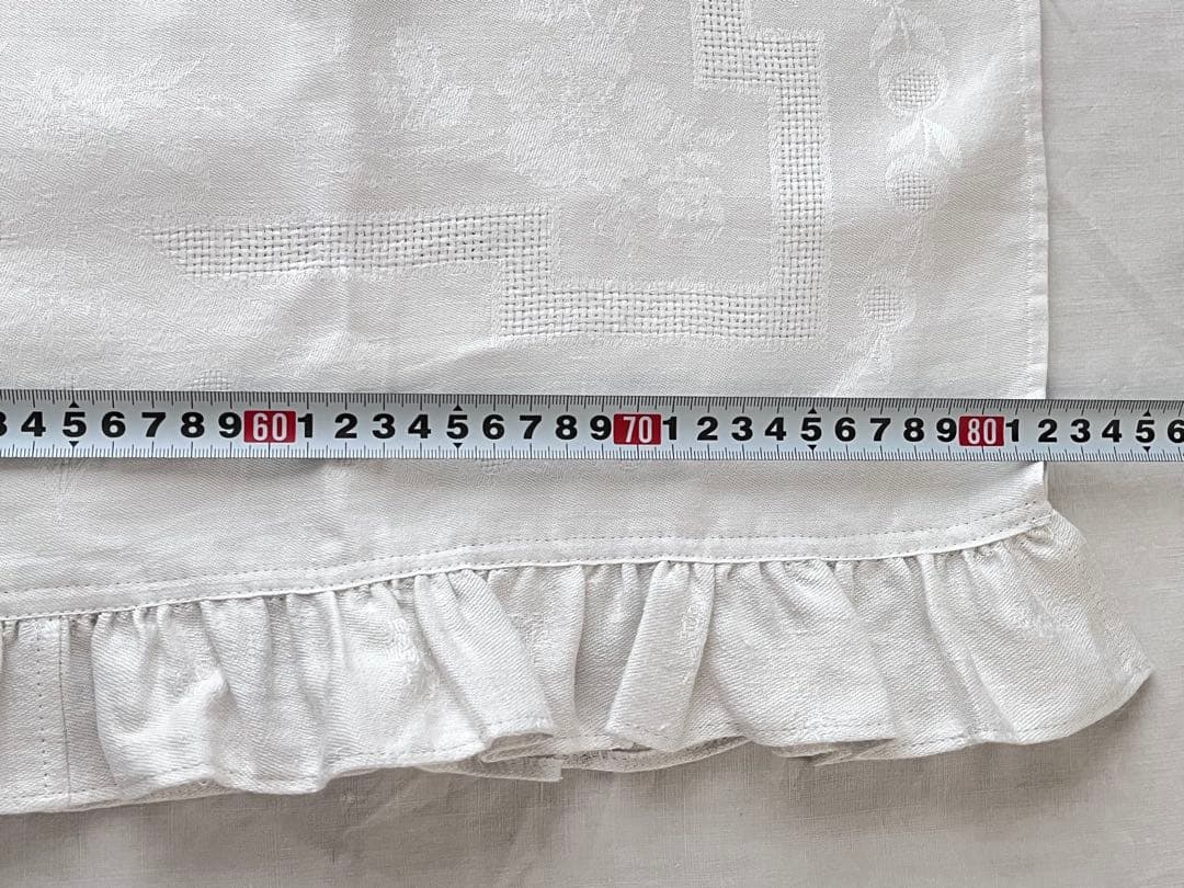 【美品】フランスアンティーク 手刺繍ダマスク フリル ホワイトエプロン