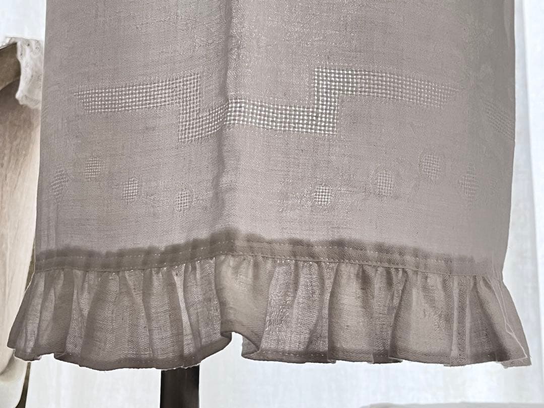 【美品】フランスアンティーク 手刺繍ダマスク フリル ホワイトエプロン