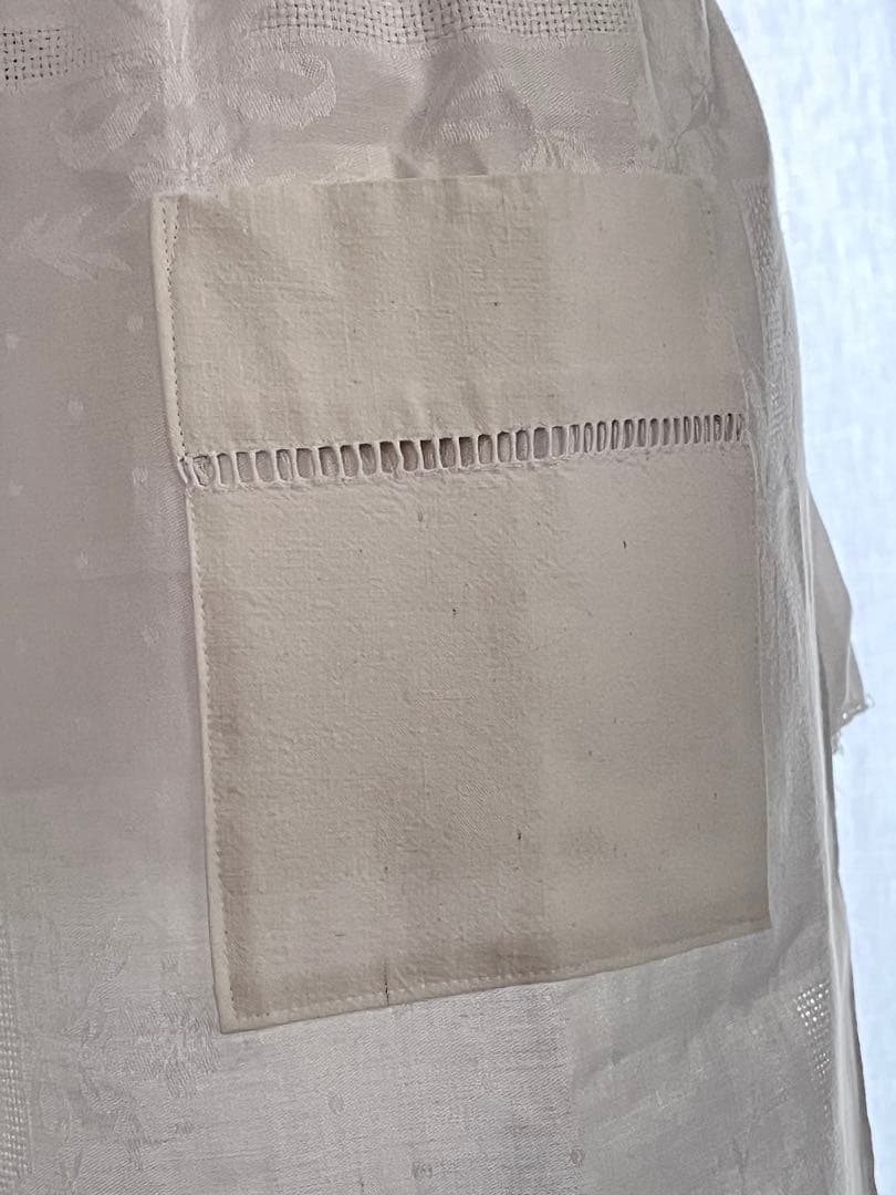 【美品】フランスアンティーク 手刺繍ダマスク フリル ホワイトエプロン