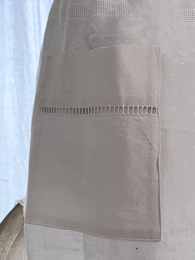 【美品】フランスアンティーク 手刺繍ダマスク フリル ホワイトエプロン