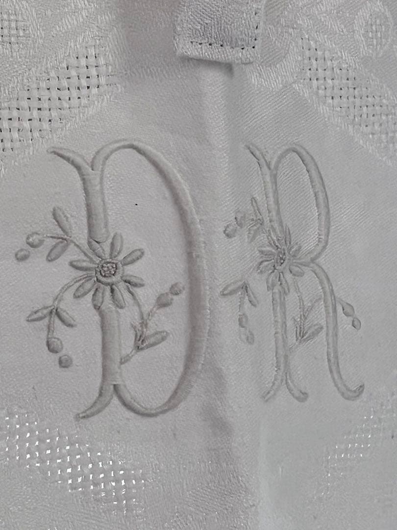 【美品】フランスアンティーク 手刺繍ダマスク フリル ホワイトエプロン