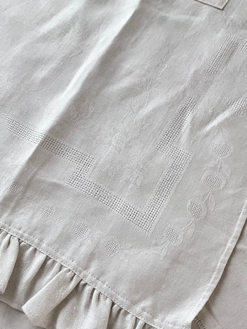【美品】フランスアンティーク 手刺繍ダマスク フリル ホワイトエプロン