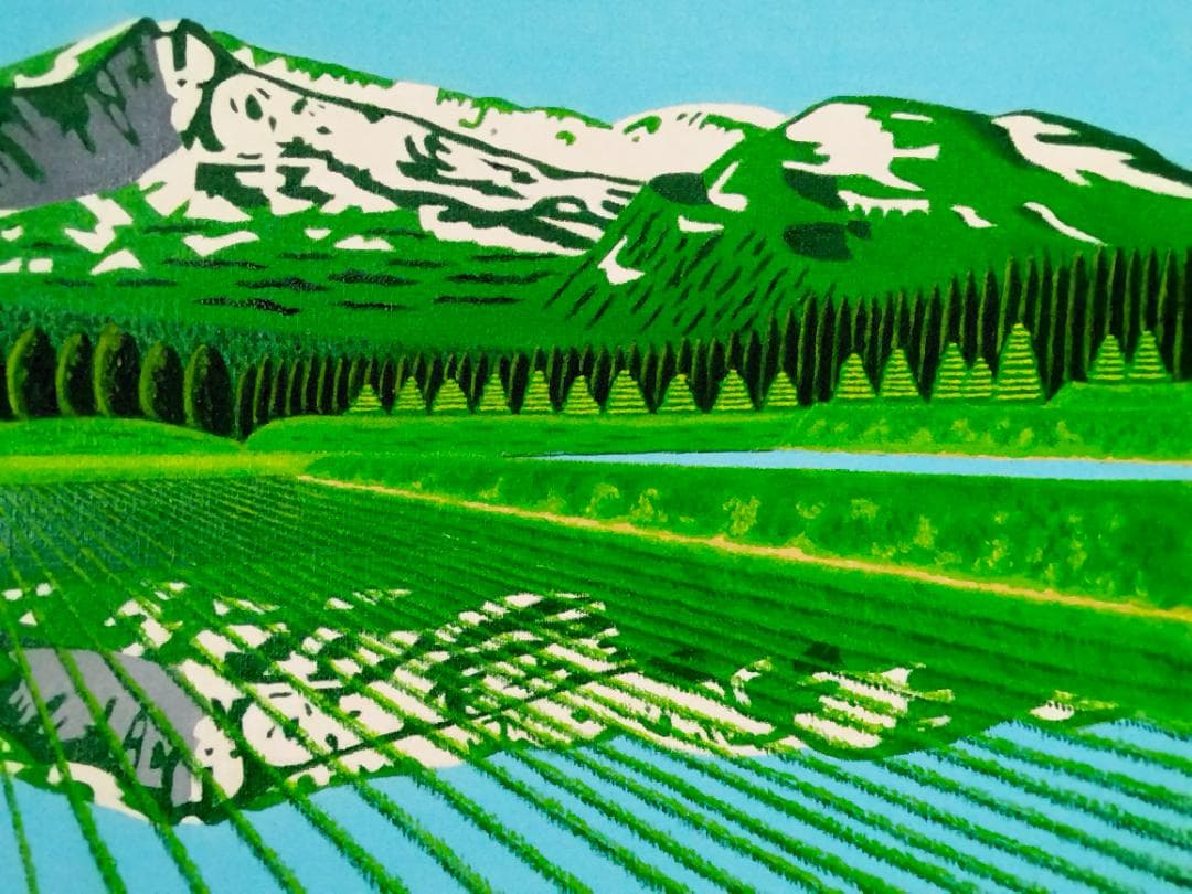 ★鳥海山と水田・肉筆油彩画・F6キャンバス