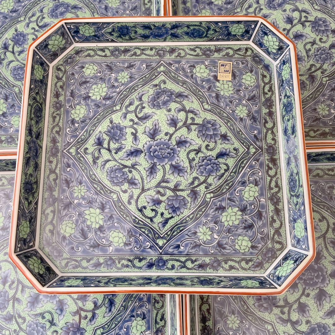 前畑陶器 美濃焼 庫山窯 青華緑彩 角皿 盛皿 スクエア 正方形 5枚 セット