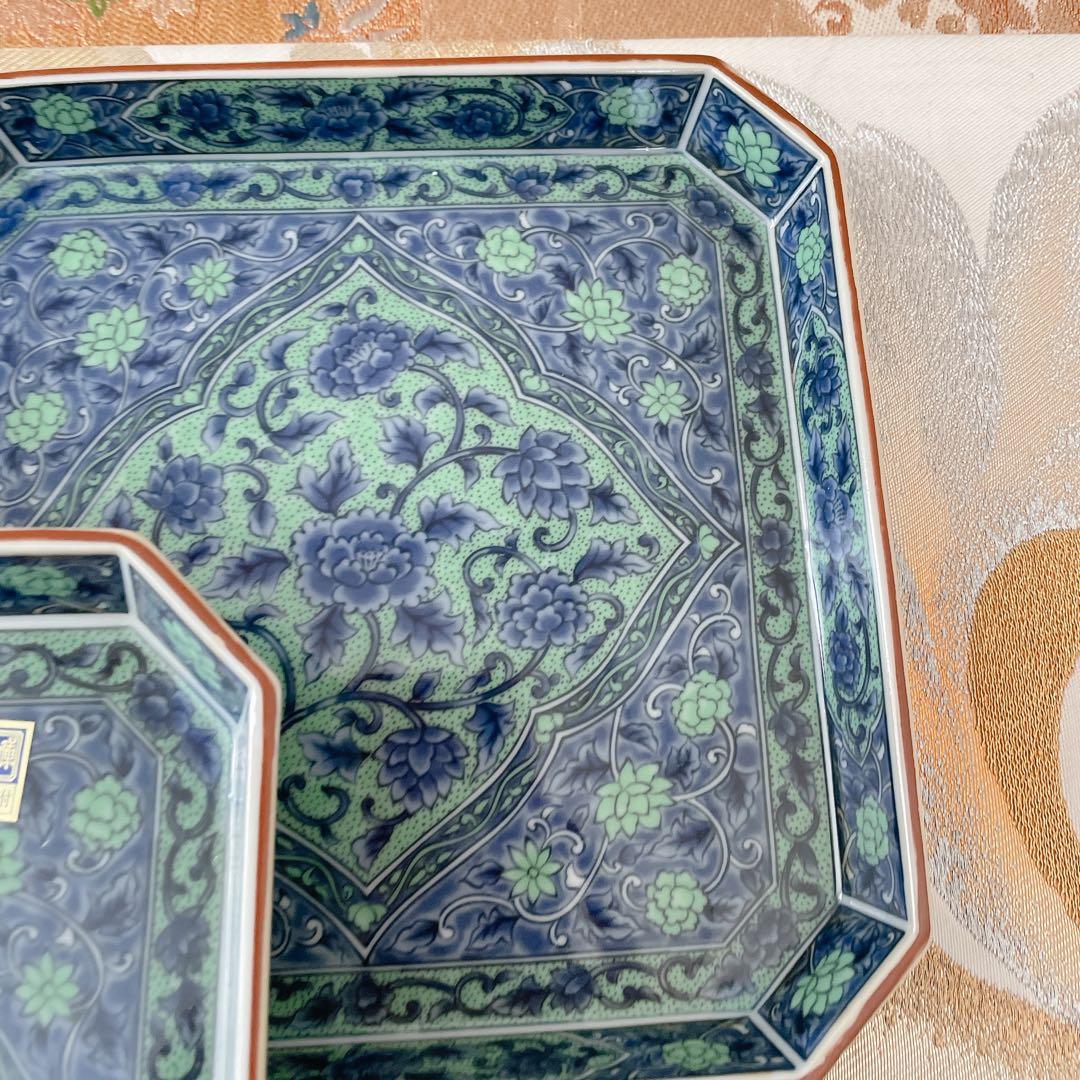 前畑陶器 美濃焼 庫山窯 青華緑彩 角皿 盛皿 スクエア 正方形 5枚 セット