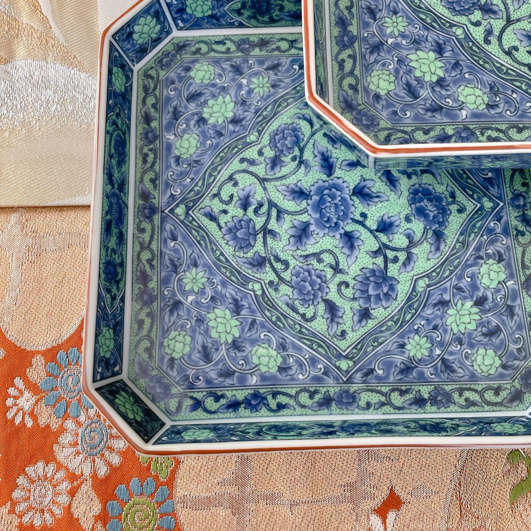 前畑陶器 美濃焼 庫山窯 青華緑彩 角皿 盛皿 スクエア 正方形 5枚 セット