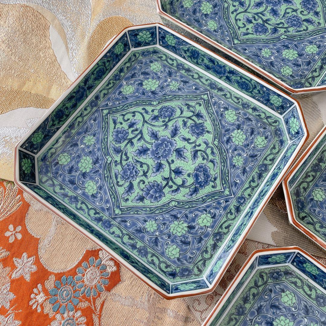 前畑陶器 美濃焼 庫山窯 青華緑彩 角皿 盛皿 スクエア 正方形 5枚 セット