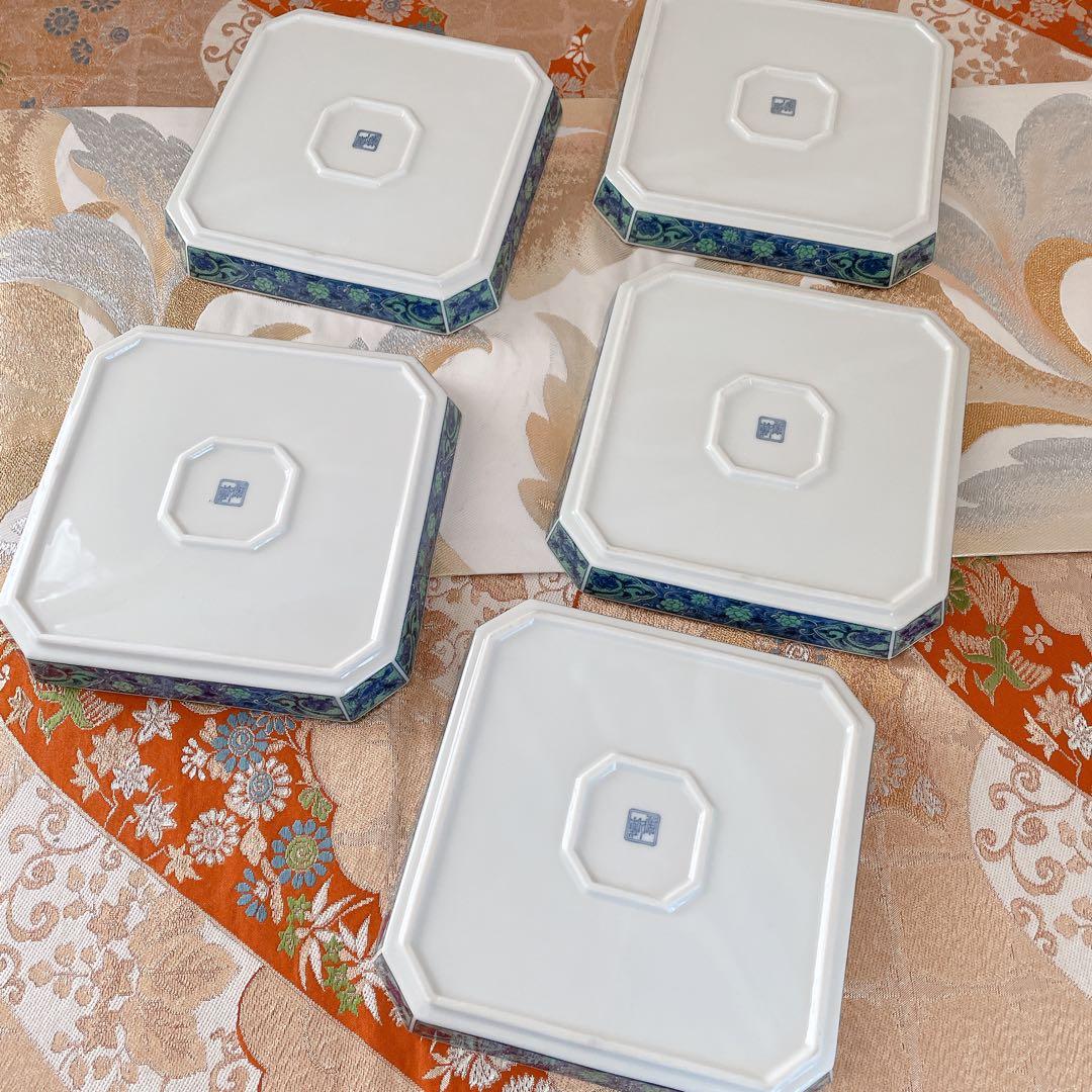 前畑陶器 美濃焼 庫山窯 青華緑彩 角皿 盛皿 スクエア 正方形 5枚 セット