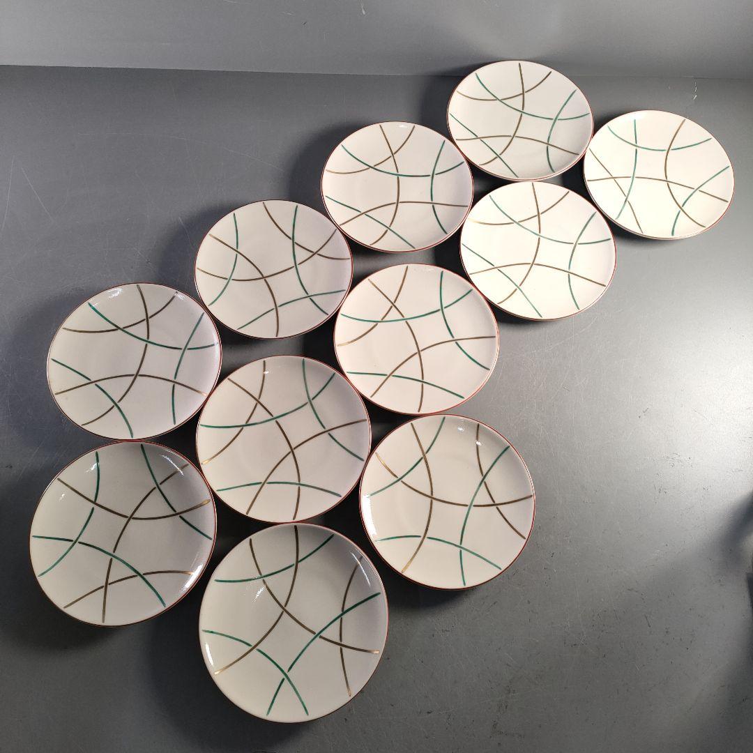 A1375-4/平安松斎/高麗磁着彩篭目紋中皿21客/向付/銘々皿/懐石道具/