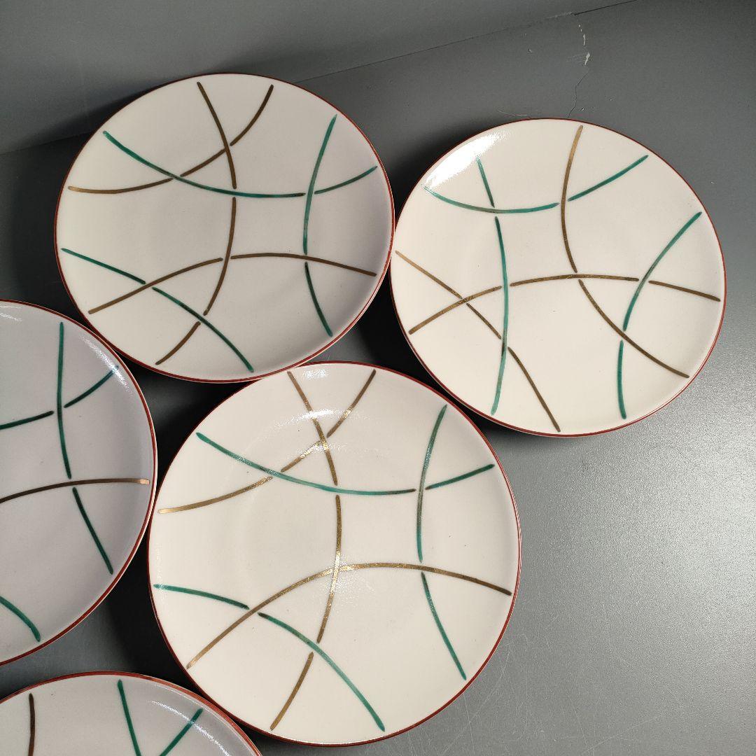 A1375-4/平安松斎/高麗磁着彩篭目紋中皿21客/向付/銘々皿/懐石道具/