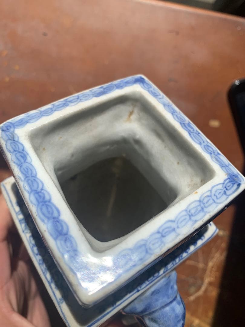 中国清時代染付龍紋象耳付四方壺