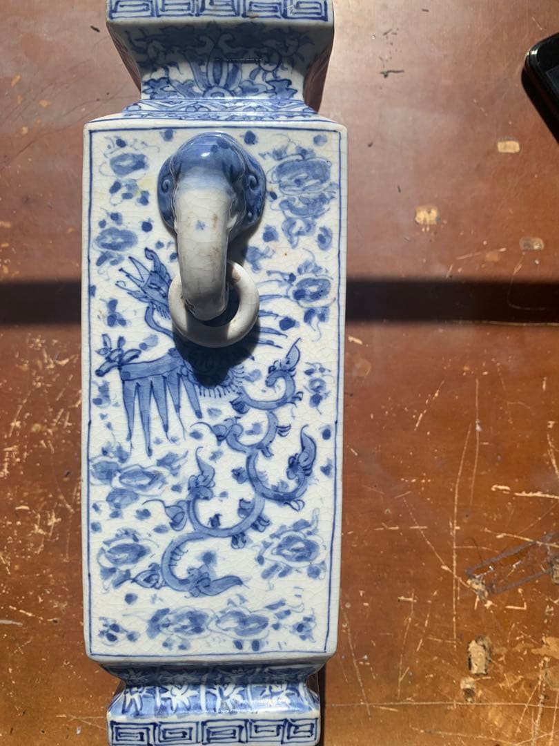 中国清時代染付龍紋象耳付四方壺