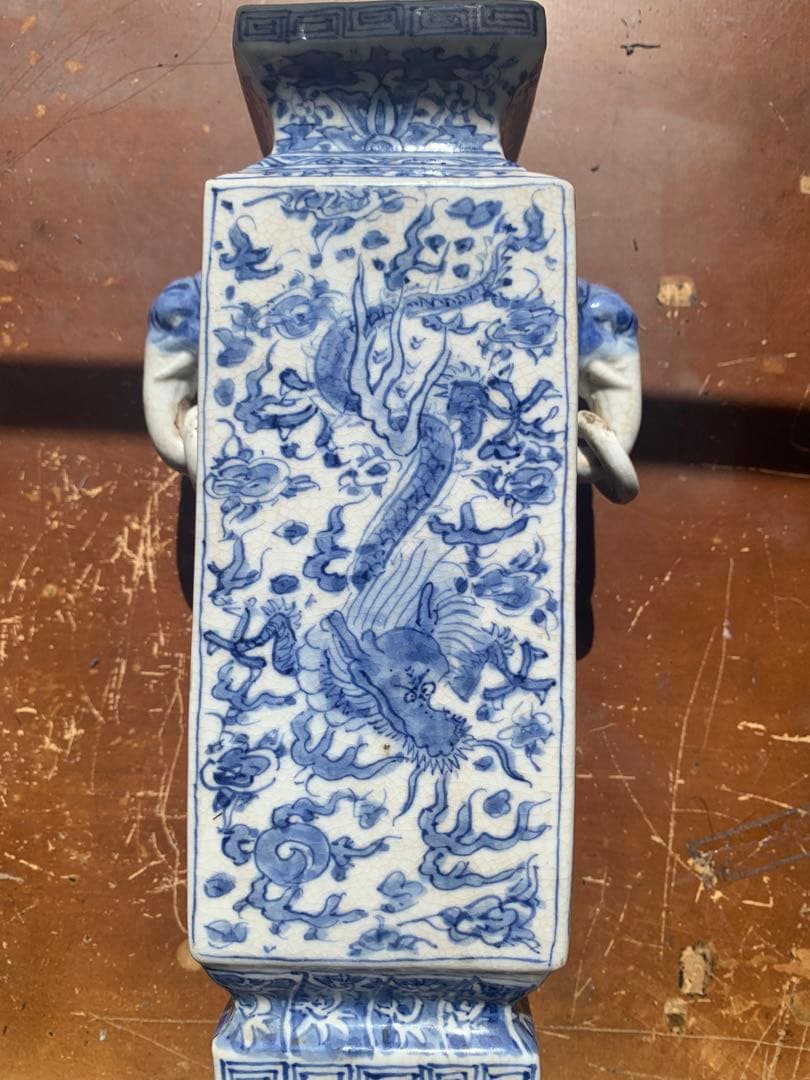 中国清時代染付龍紋象耳付四方壺