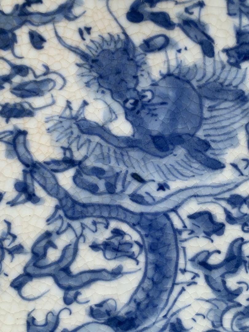 中国清時代染付龍紋象耳付四方壺