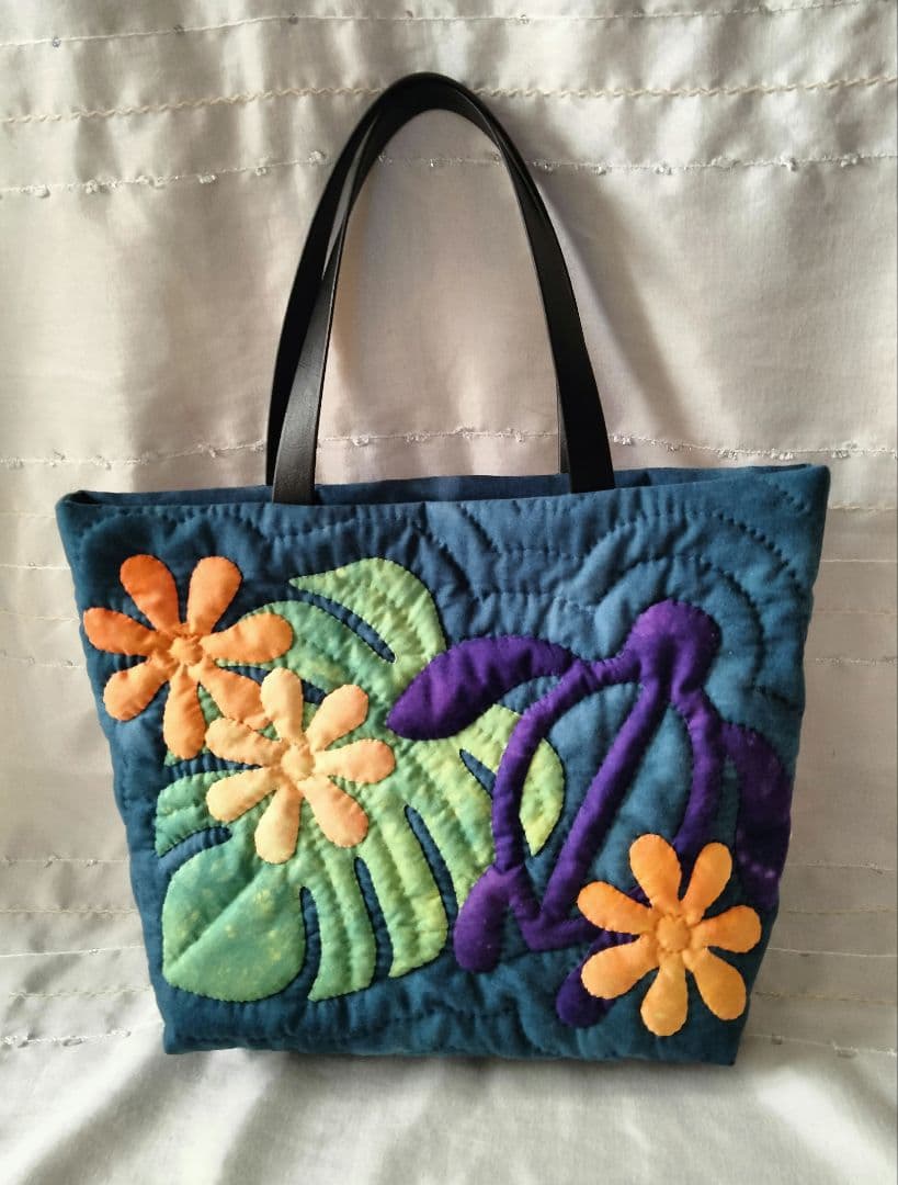 272.ハワイアンキルト・バッグ・ホヌ＆ティアレ＆モンステラ