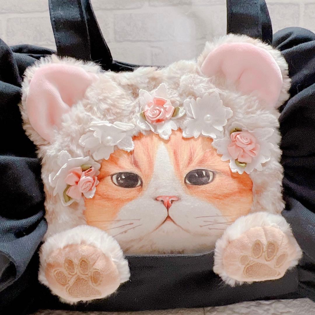 コヤンイサムチョン 帆布 フリルトートバッグ にゃんこ お花 ブラック