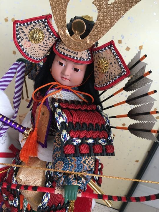 美品！ガラスケース入五月人形［馬上大将］節句白馬弓矢百貨店購入