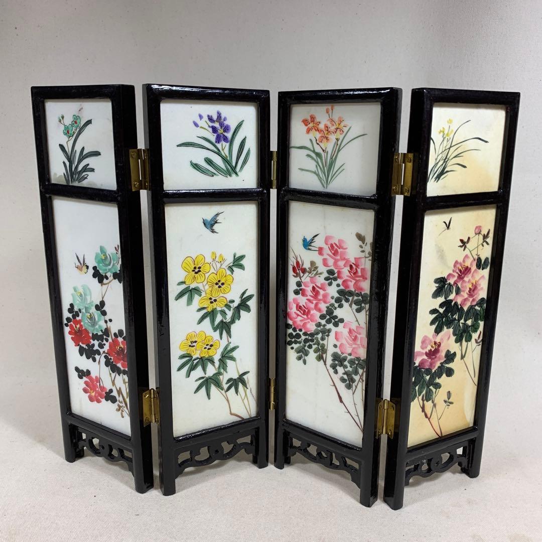 中国古玩　白雲石製品　四面硯屏 表花図 裏人物図 MARBLE ARTICLES