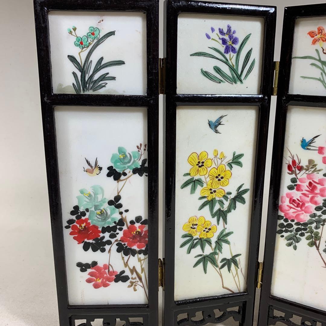 中国古玩　白雲石製品　四面硯屏 表花図 裏人物図 MARBLE ARTICLES