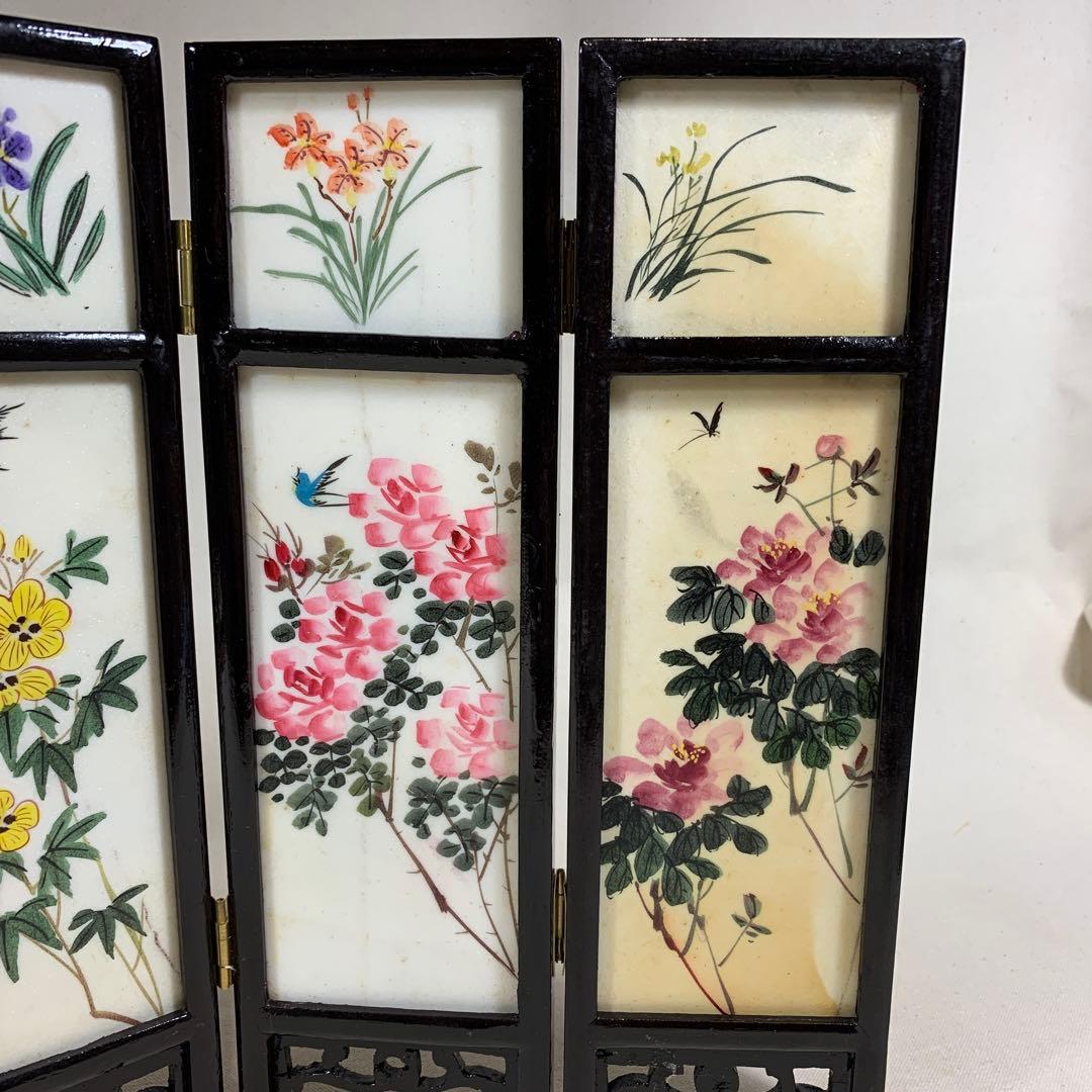 中国古玩　白雲石製品　四面硯屏 表花図 裏人物図 MARBLE ARTICLES