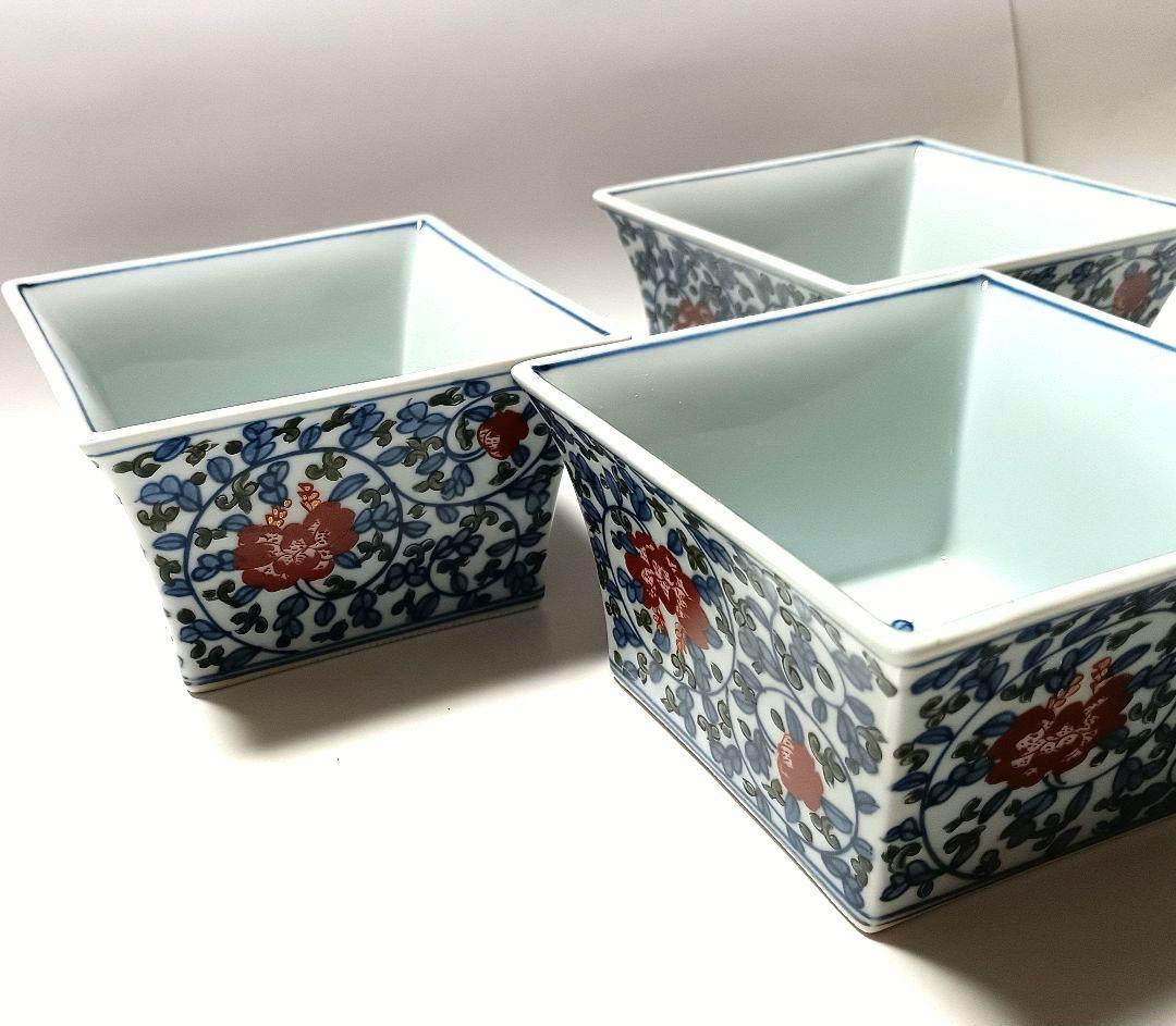 ② 源右衛門窯 染錦 牡丹唐草 角鉢 3客組