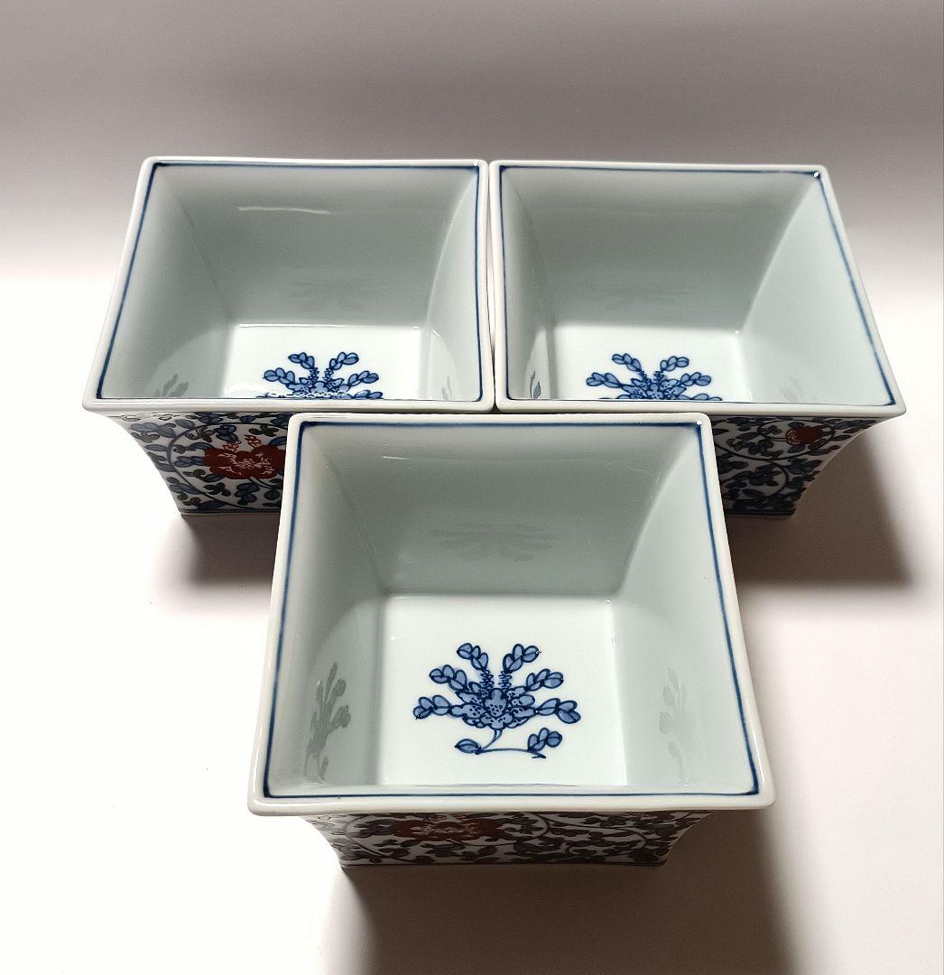 ② 源右衛門窯 染錦 牡丹唐草 角鉢 3客組