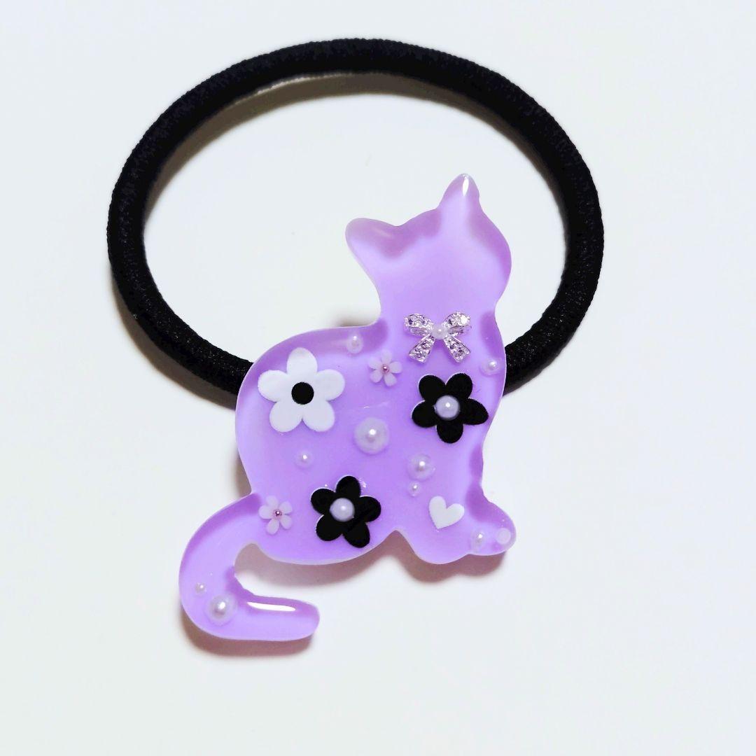 りあら様　No.585　レジン ヘアゴム マグネット ピンバッジ 猫ねこフラワー