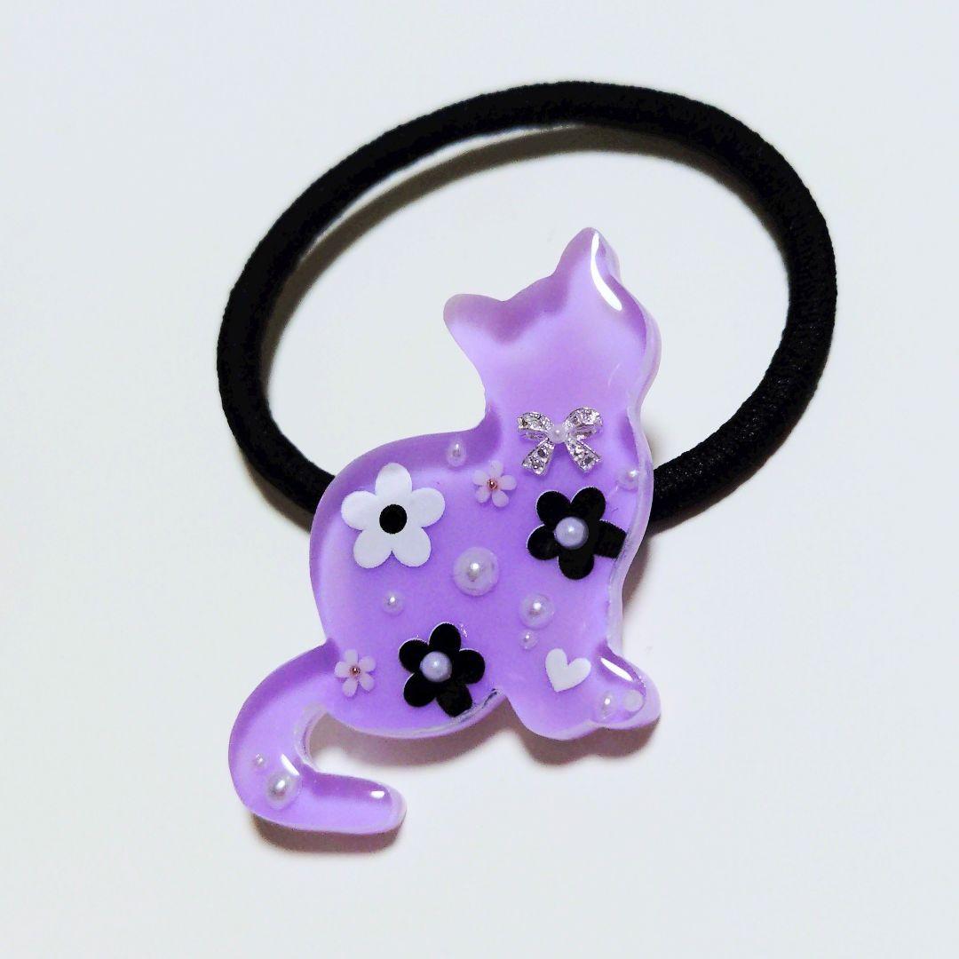 りあら様　No.585　レジン ヘアゴム マグネット ピンバッジ 猫ねこフラワー
