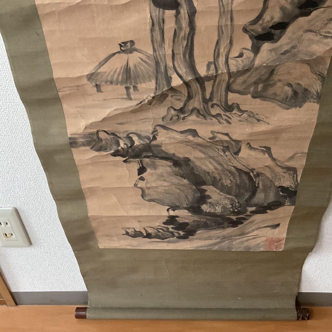 紙本掛け軸 水墨山水画 賛 画【印譜】 賛【落款印譜在】 木軸先 桐合箱