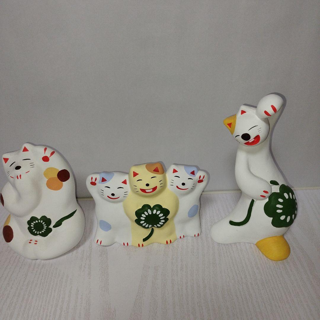 工房 輪葉葉 招き猫 ３体セット 　　うふふ猫・三兄弟・伸び猫