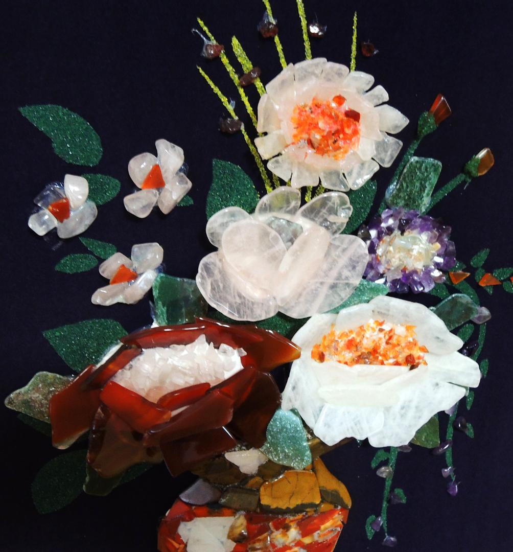 【宝石画・貴石画】花瓶の花【東商・刻印付き】