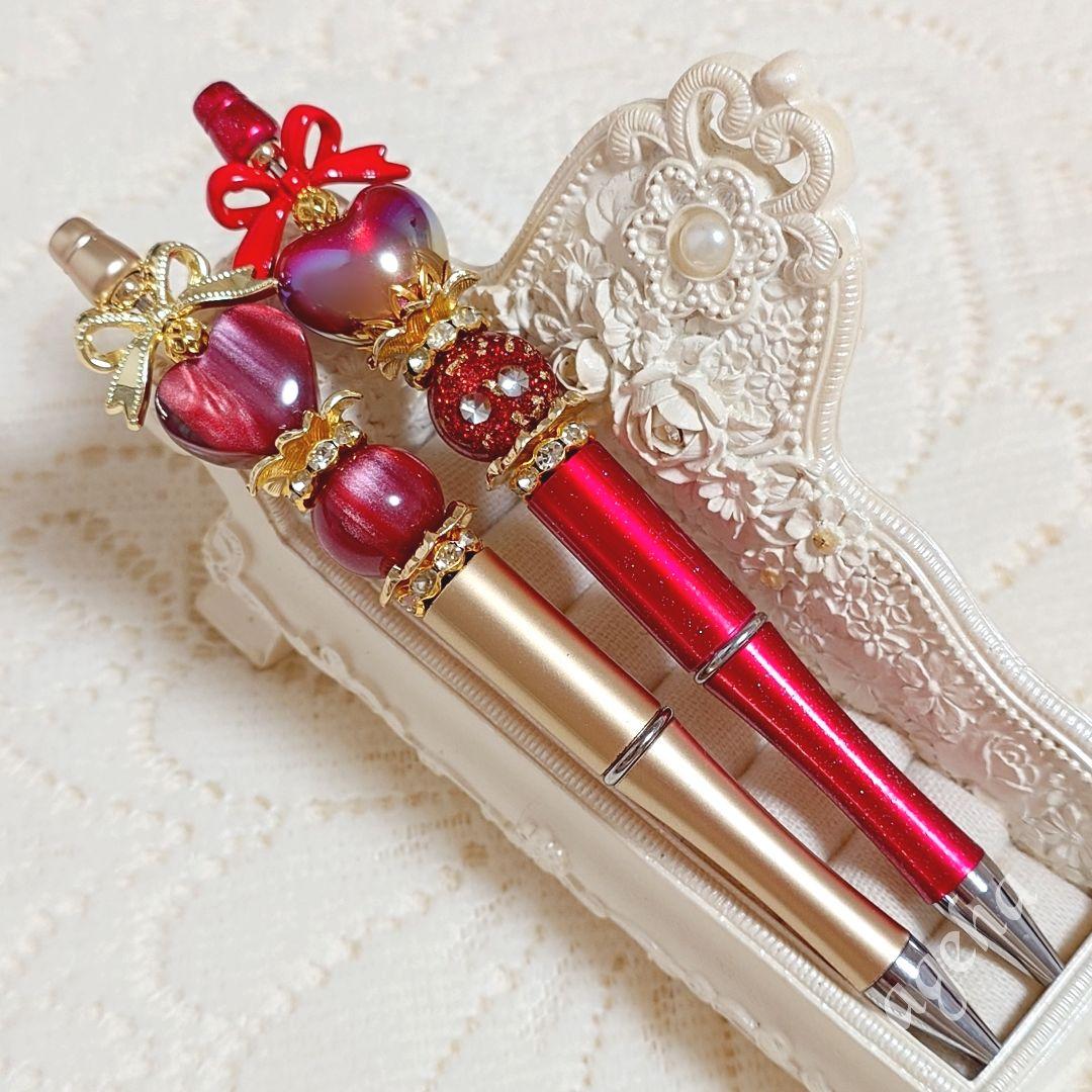 sale‼️N4260カスタムボールペン2本セット 天然石風シラービーズ リボン