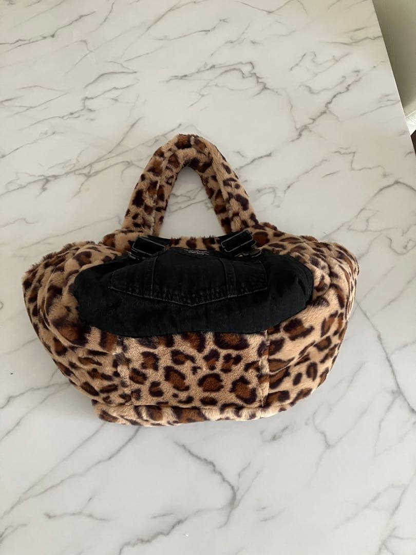 965 大きめふんわりヒョウ柄リメイクバック　オーバーオールデニムハンドメイド