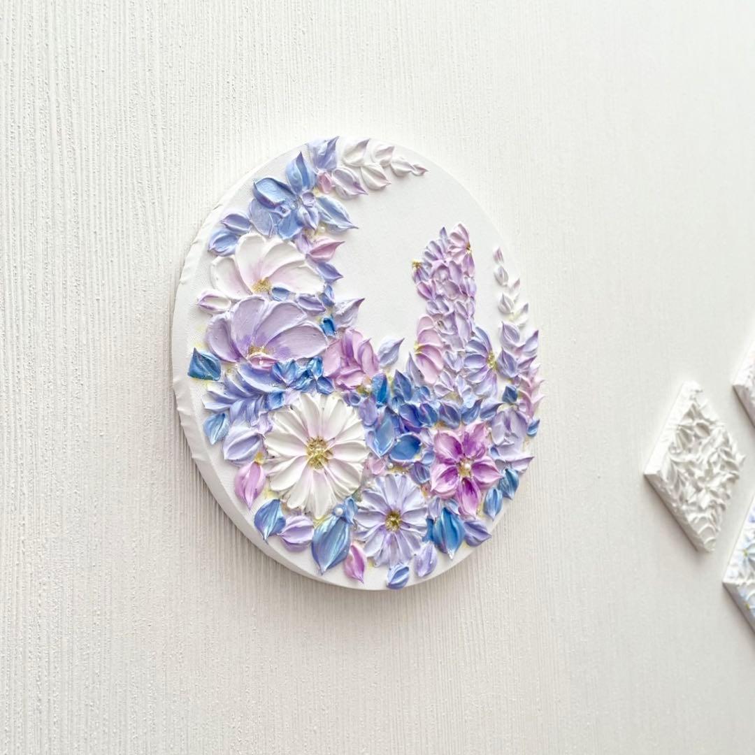 「宵月に憩う猫」25㎝　猫のテクスチャーアート　花のインテリア　猫好き　母の日