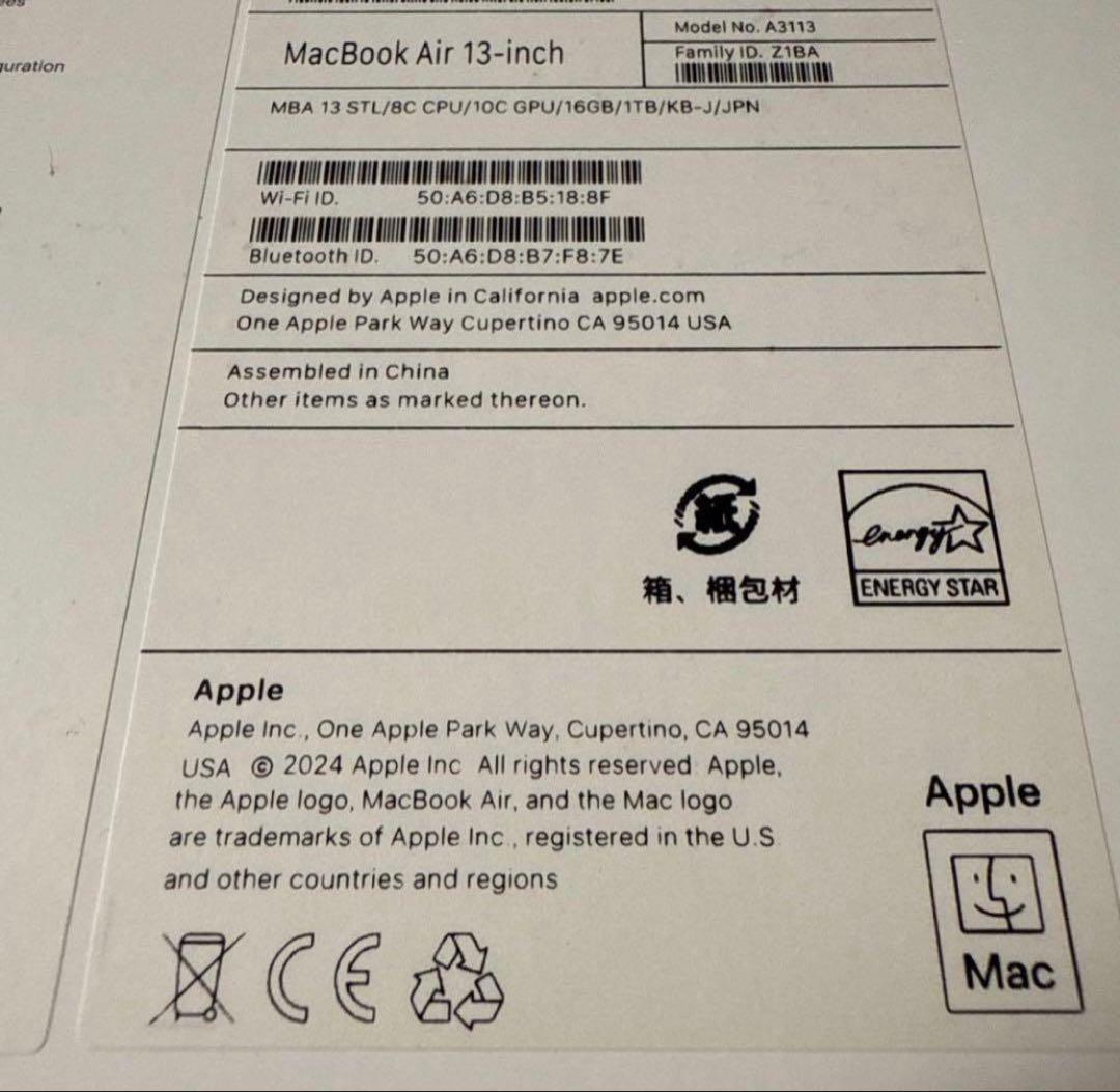 MacBook Air M3 13インチ 16GB 1TB SSD Apple