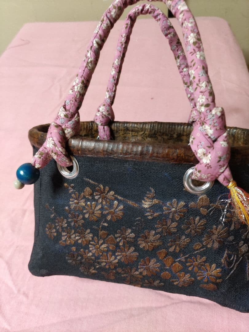 一閑張り籠　バッグ　インテリア　紺色　花模様　茶　柿渋　古書（209）