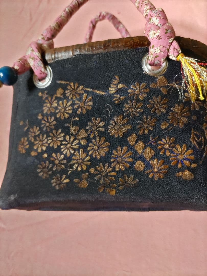 一閑張り籠　バッグ　インテリア　紺色　花模様　茶　柿渋　古書（209）