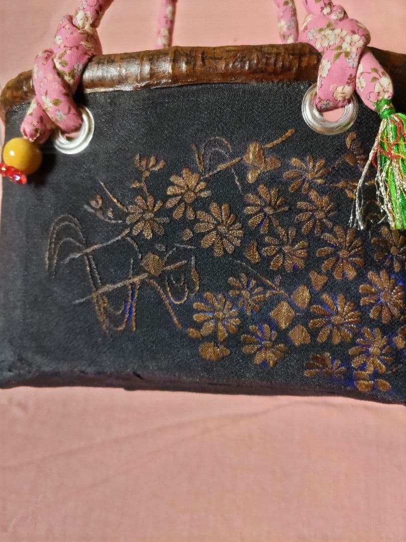 一閑張り籠　バッグ　インテリア　紺色　花模様　茶　柿渋　古書（209）