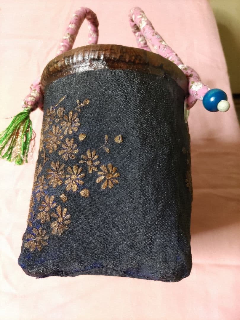 一閑張り籠　バッグ　インテリア　紺色　花模様　茶　柿渋　古書（209）